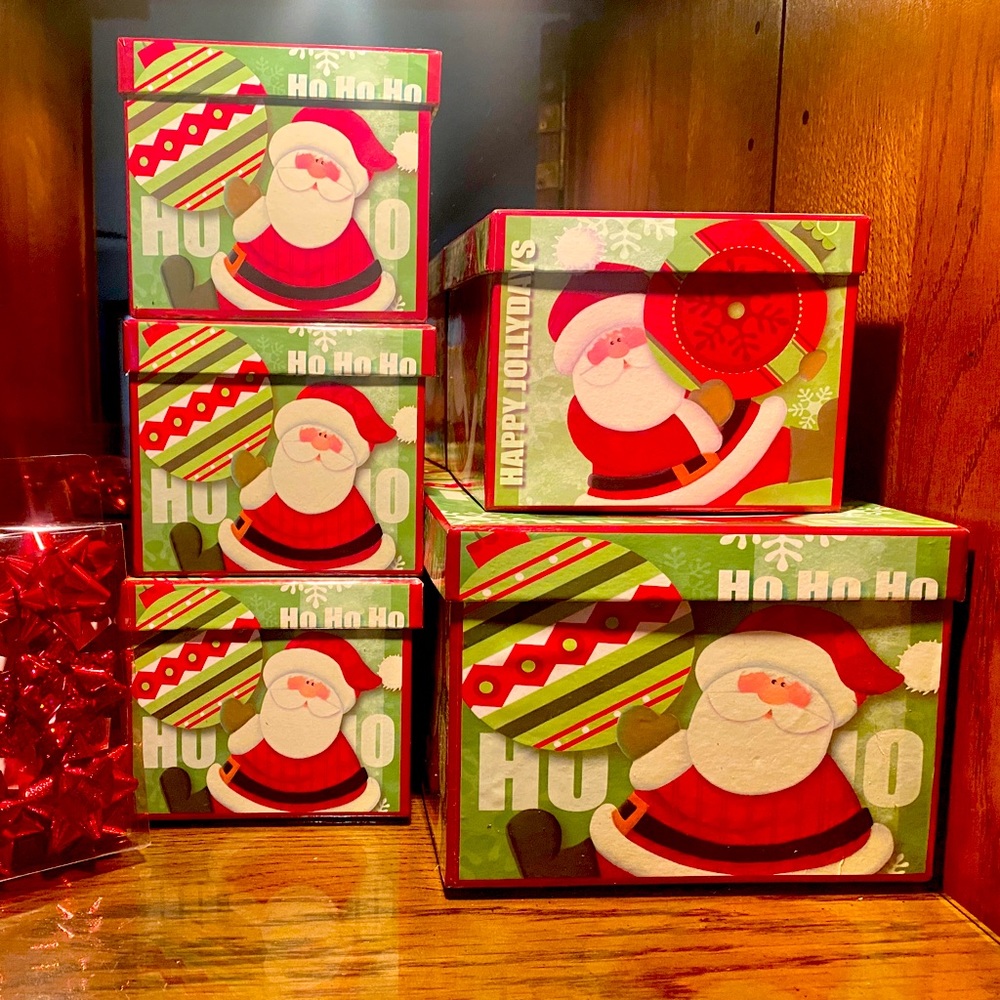 🎅LINDY BOWMAN🎅5-CHRISTMAS DESIGNER SANTA GIFT BOXES & 9-CT BOWS🎁